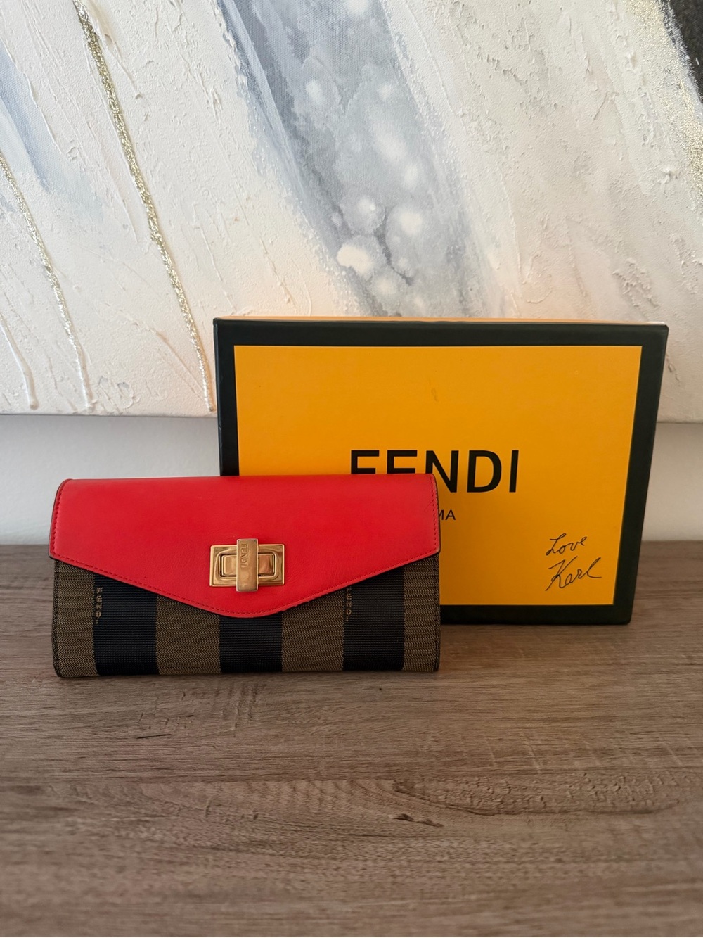 Fendi Red Leather Flap Brown Striped Canvas Wallet